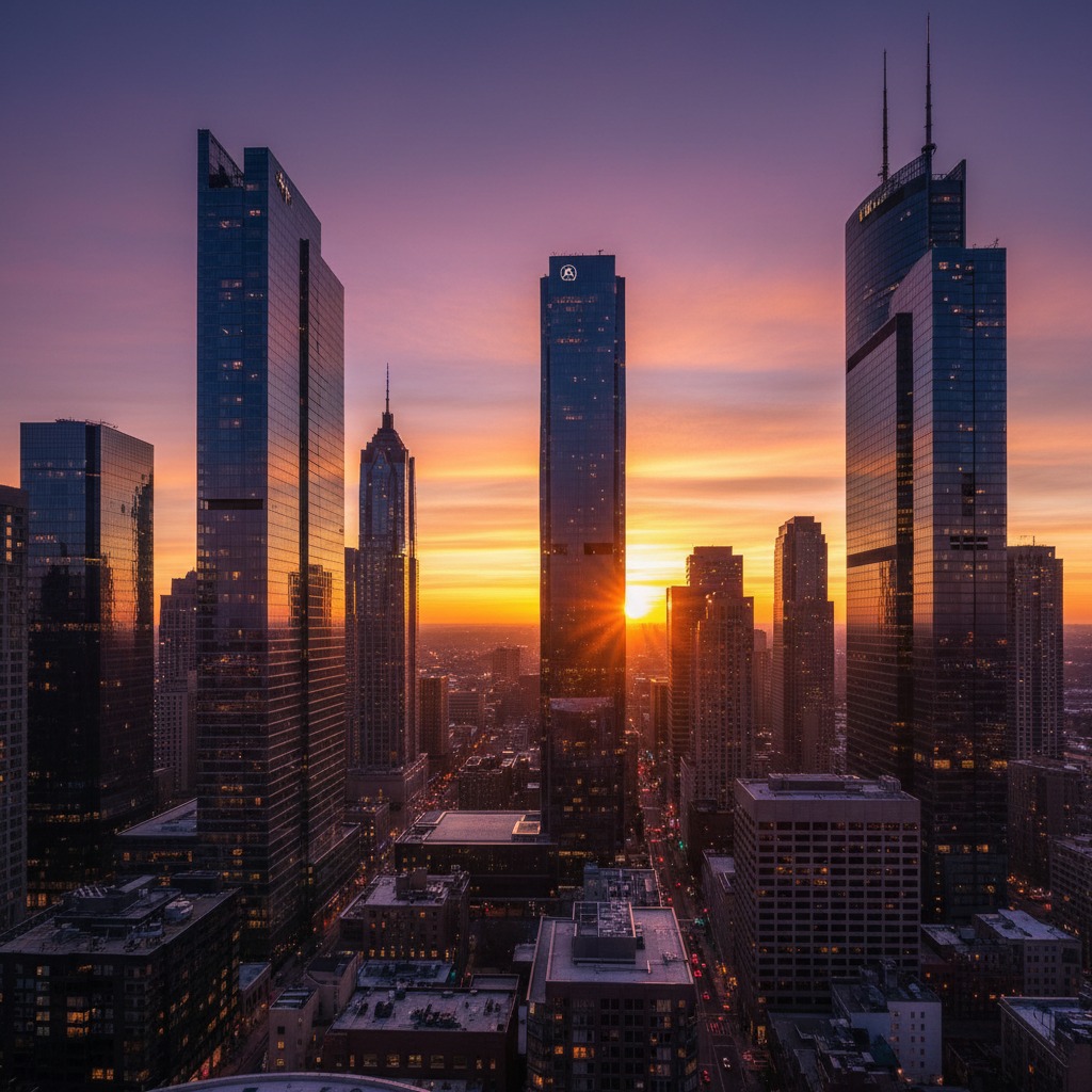 The sun sets between modern skyscrapers in a dense city skyline, casting a warm glow across the glass buildings.